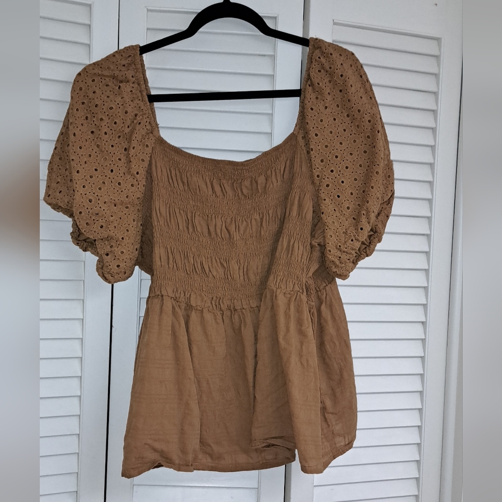 Maurices Brown Tan Smocked Puff Sleeve Blouse